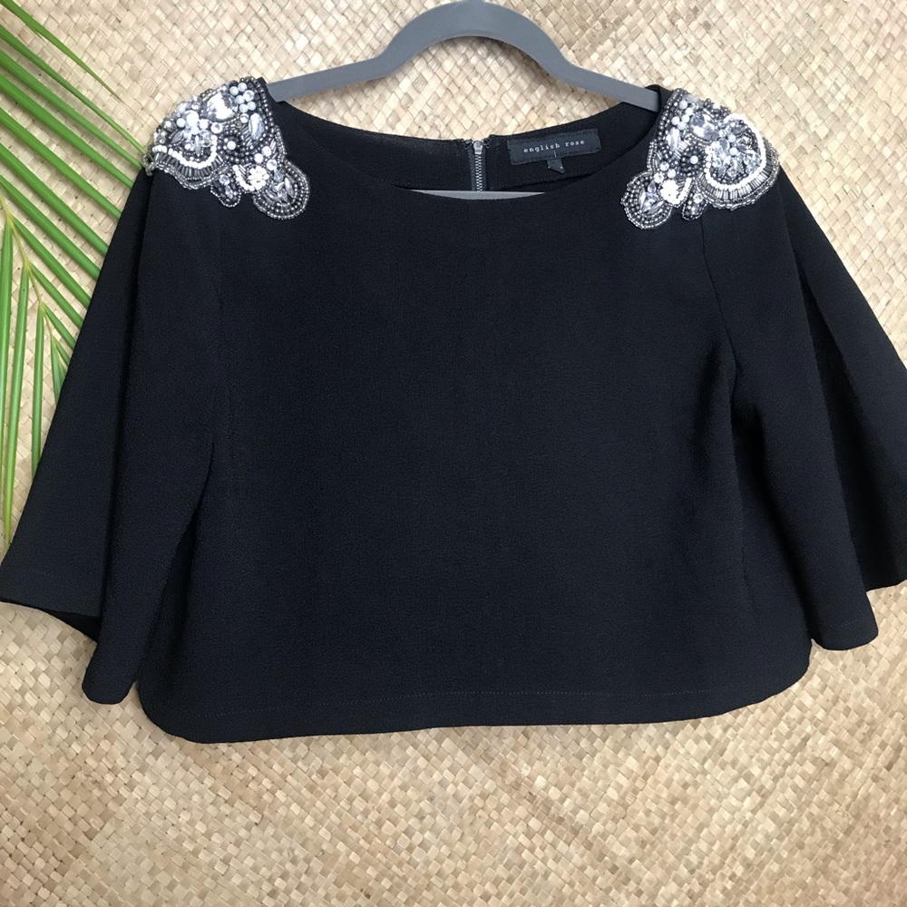 English Rose cropped black bell top w/rhinestone